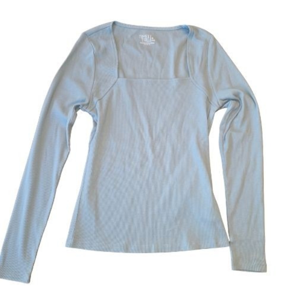 Time and Tru‎ Womens Light Blue Square Neck Long Sleeve Ribbed Top Small 4-6